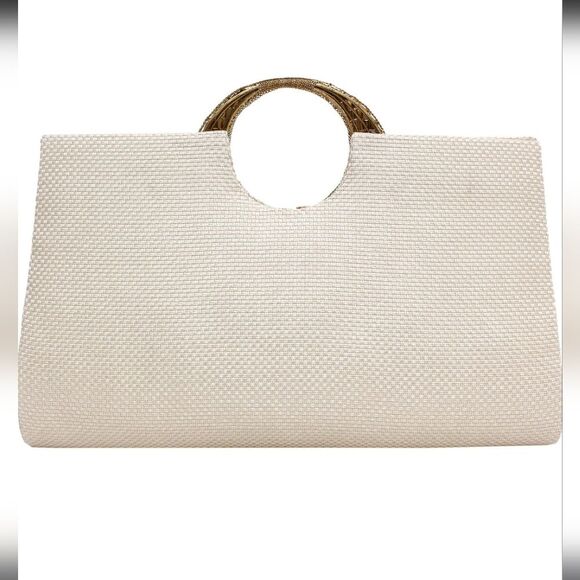 Cream Gold Bead Stone Jute Evening Clutch Purse - Picture 3 of 6